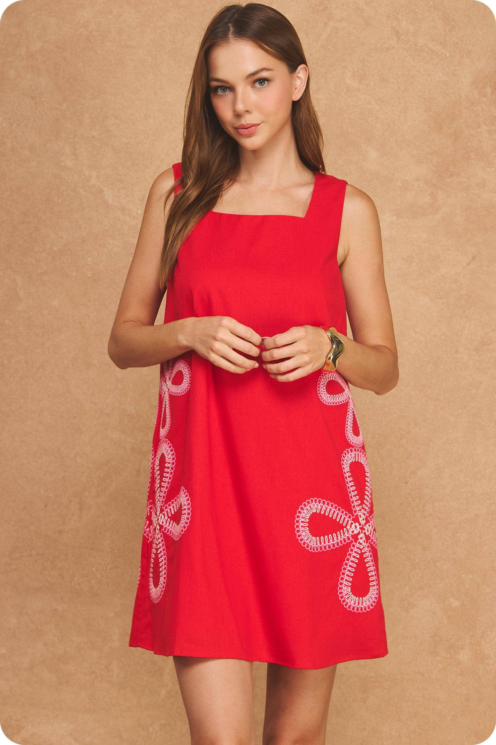 Abstract Floral Loop Embroidered Sleeveless Linen Mini Dress