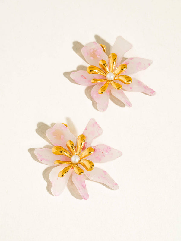 Oona 18K Gold Non-Tarnish Pink Floral Statement Earrings