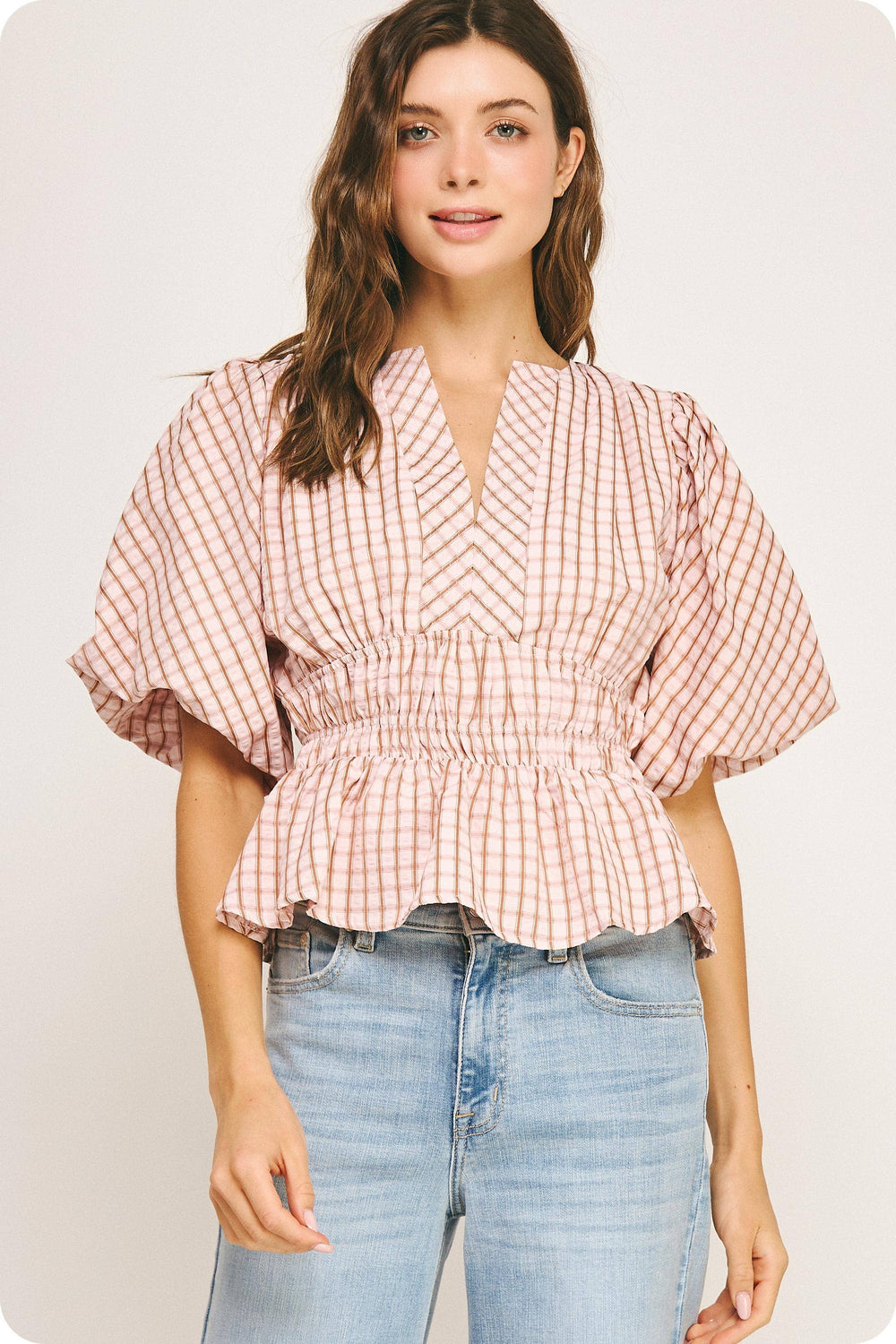 Checkered Puff Sleeve Blouse