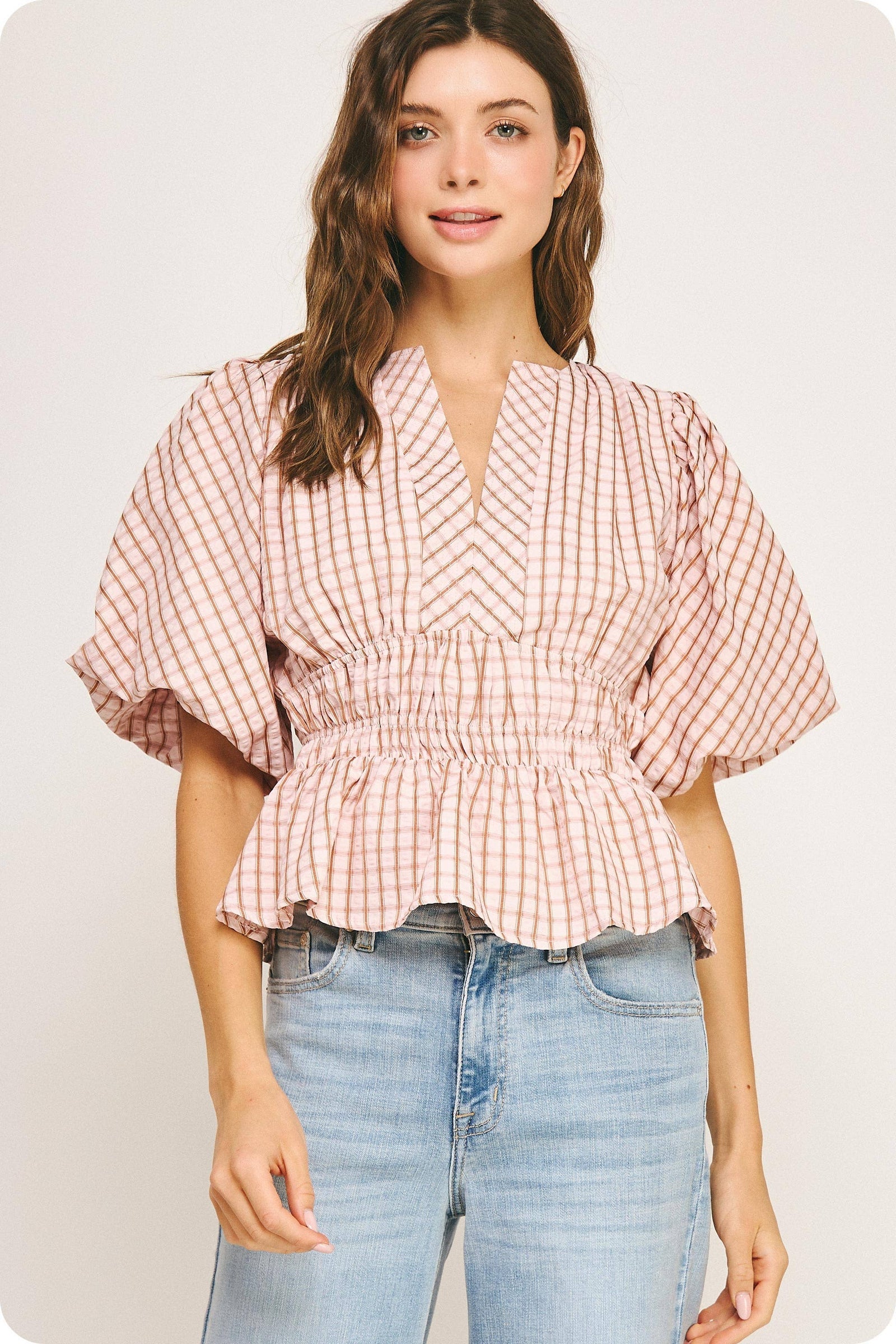 Checkered Puff Sleeve Blouse