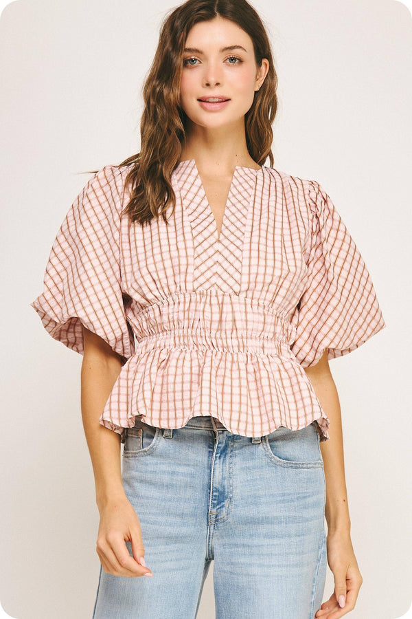 Checkered Puff Sleeve Blouse