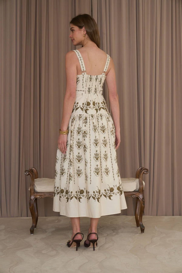 BOTANICAL PRINT SLEEVELESS DROP-WAIST MIDI DRESS