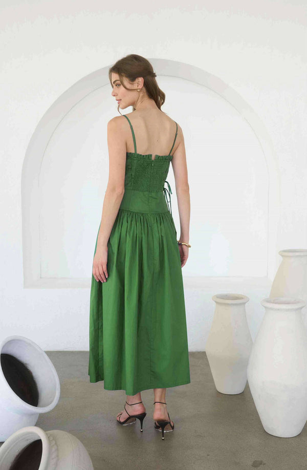 SPAGHETTI SIDE TIE STRAP DETAIL PLEATED MIDI DRESS