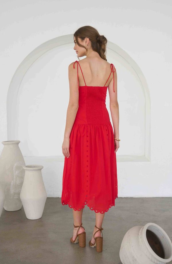 EYELET DETAIL SPAGHETTI STRAP SCALLOPED MIDI DRESS