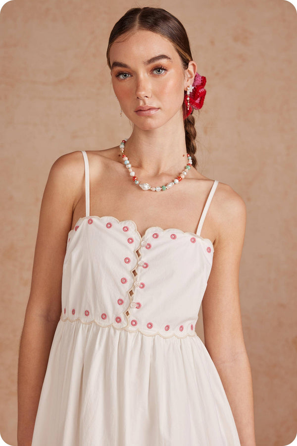 Embroidered Palm & Floral Scalloped Midi Dress