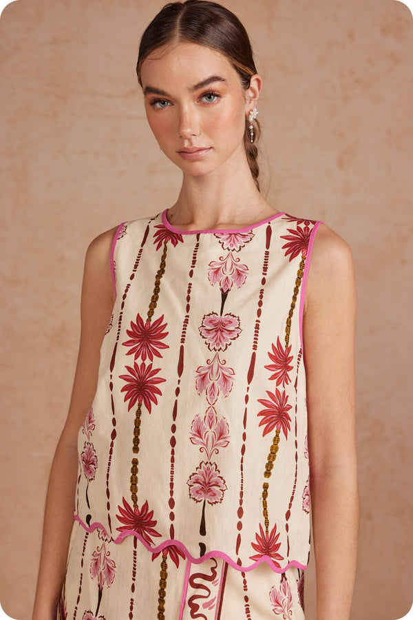 Border Striped Palm Floral 2-Piece Scalloped Linen Skort Set