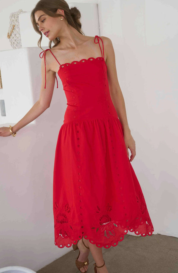 EYELET DETAIL SPAGHETTI STRAP SCALLOPED MIDI DRESS