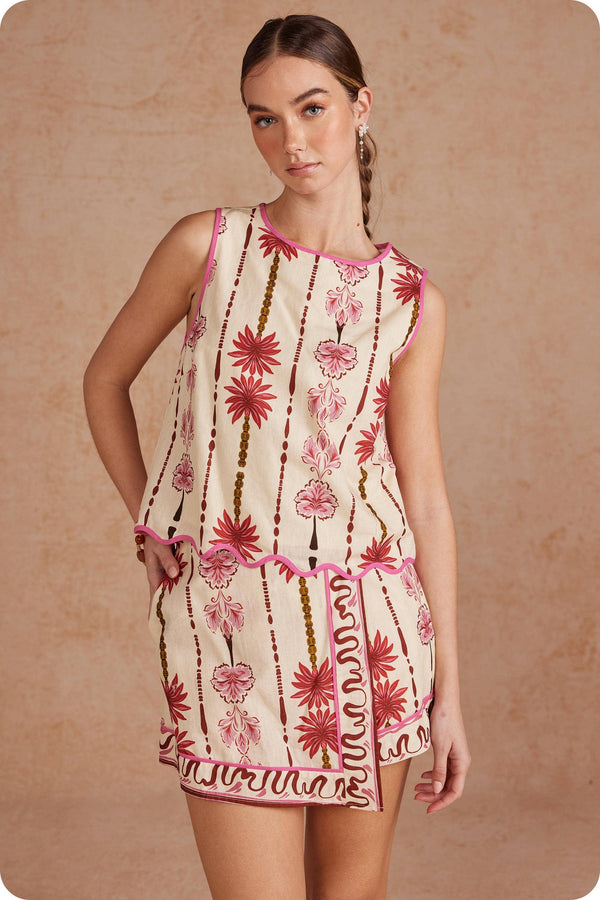 Border Striped Palm Floral 2-Piece Scalloped Linen Skort Set