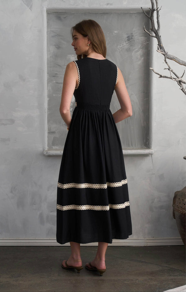 V NECK LACE INSERT SLEEVELESS MIDI DRESS