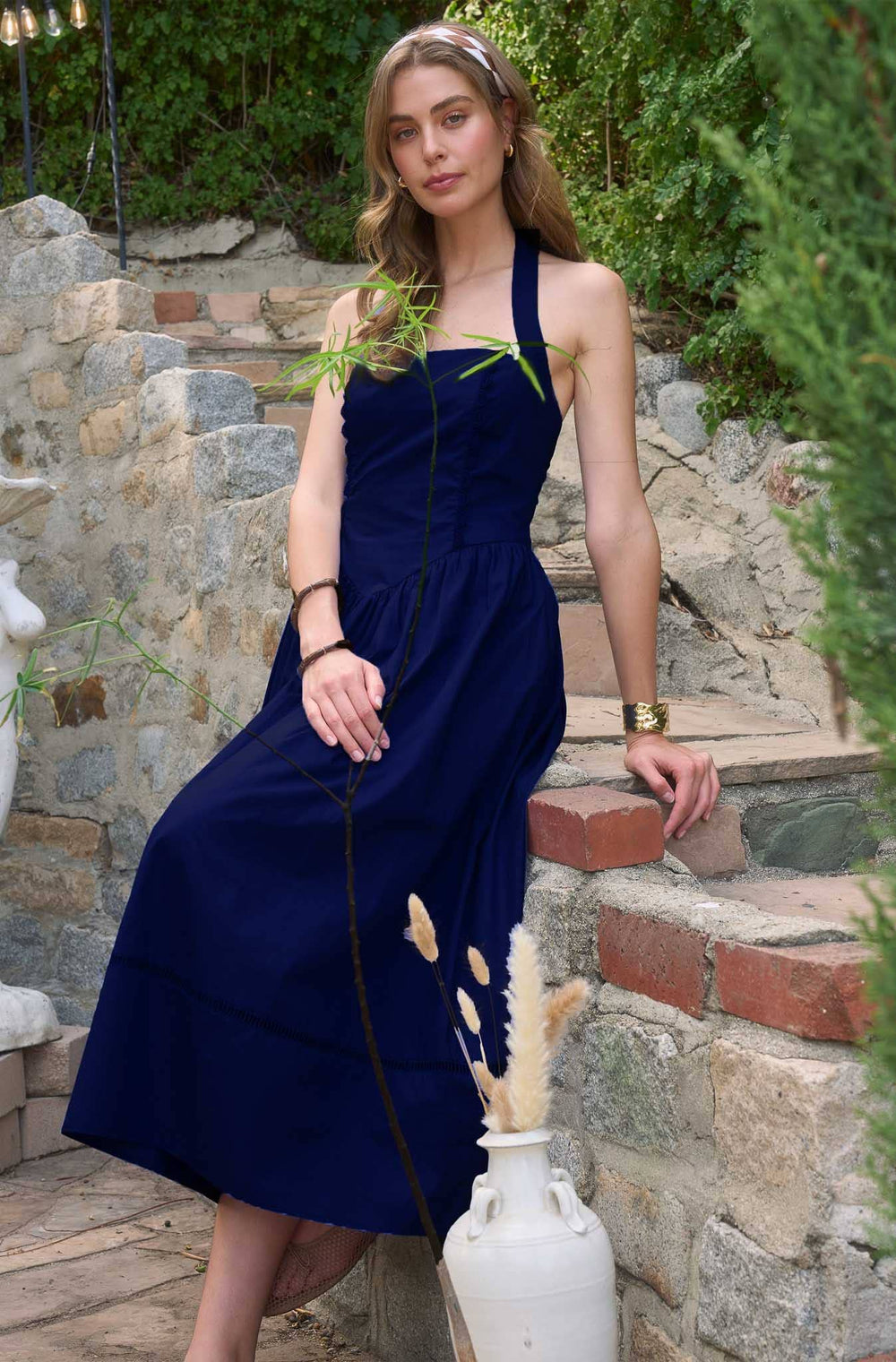 SQUARE HALTER NECK  BASQUE WAIST MIDI DRESS