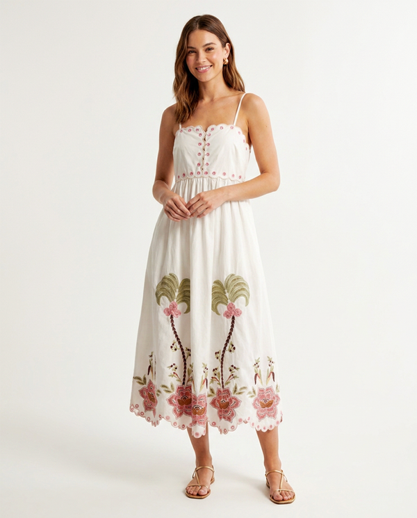 Embroidered Palm & Floral Scalloped Midi Dress