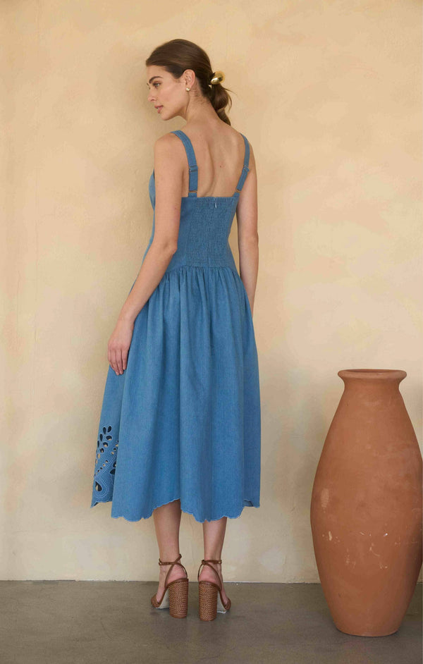 V-NECK EYELET DETAIL DENIM MIDI DRESS