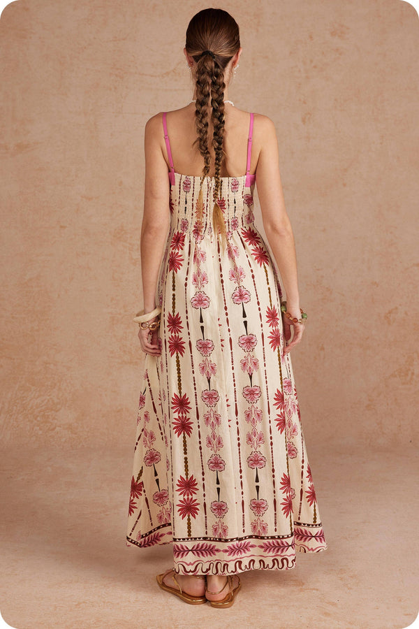 Border Striped Palm Flora Ric Rac Linen Maxi Dress