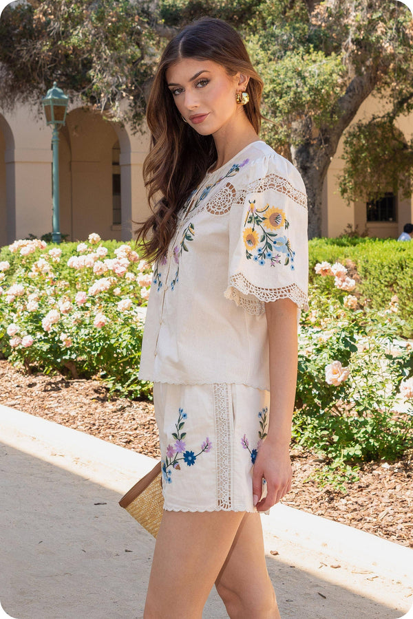 Embroidered Floral Lace Detail Scalloped Short Sleeve Top