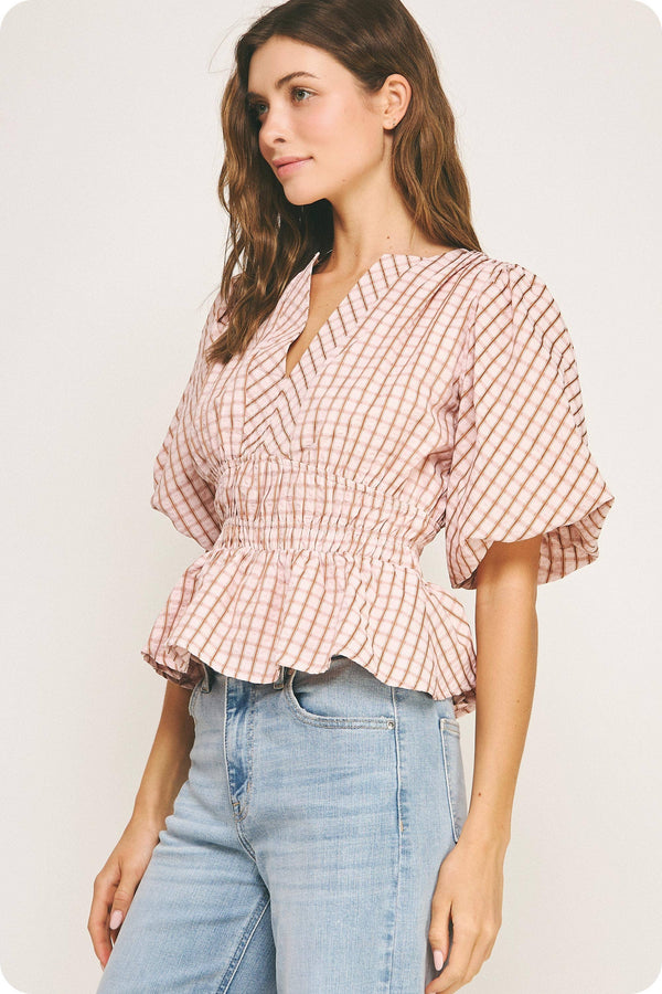 Checkered Puff Sleeve Blouse