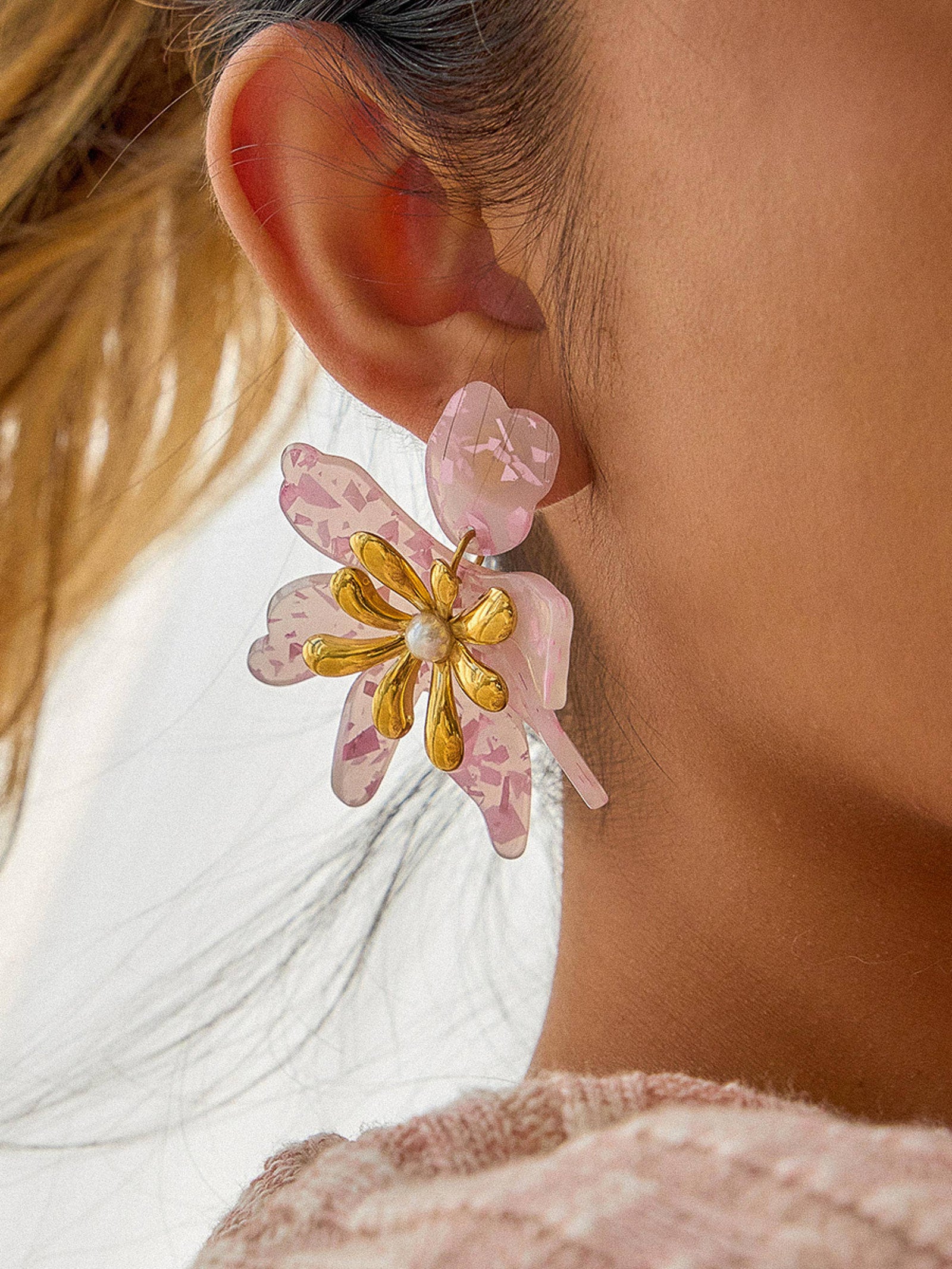 Oona 18K Gold Non-Tarnish Pink Floral Statement Earrings