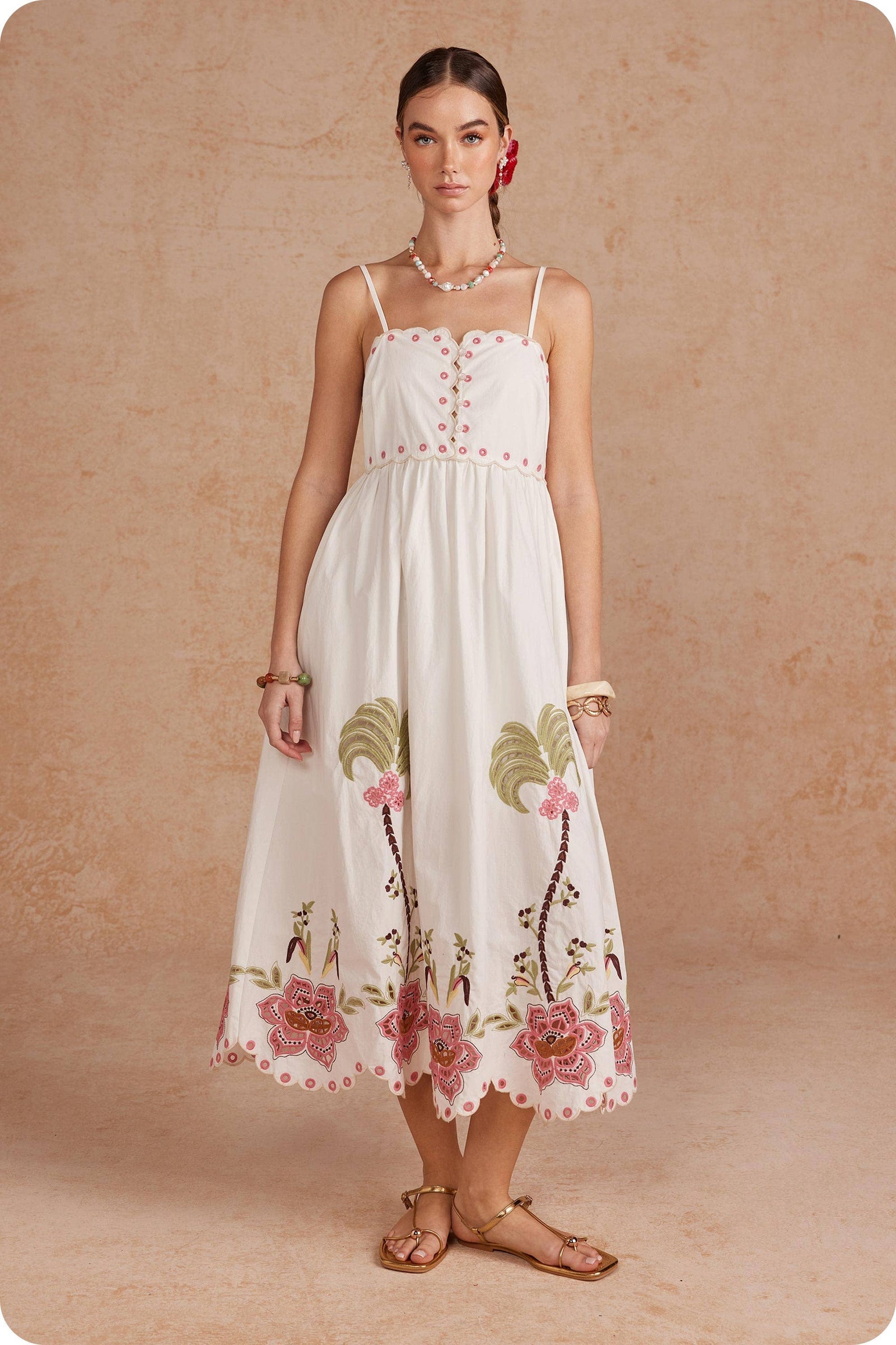 Embroidered Palm & Floral Scalloped Midi Dress