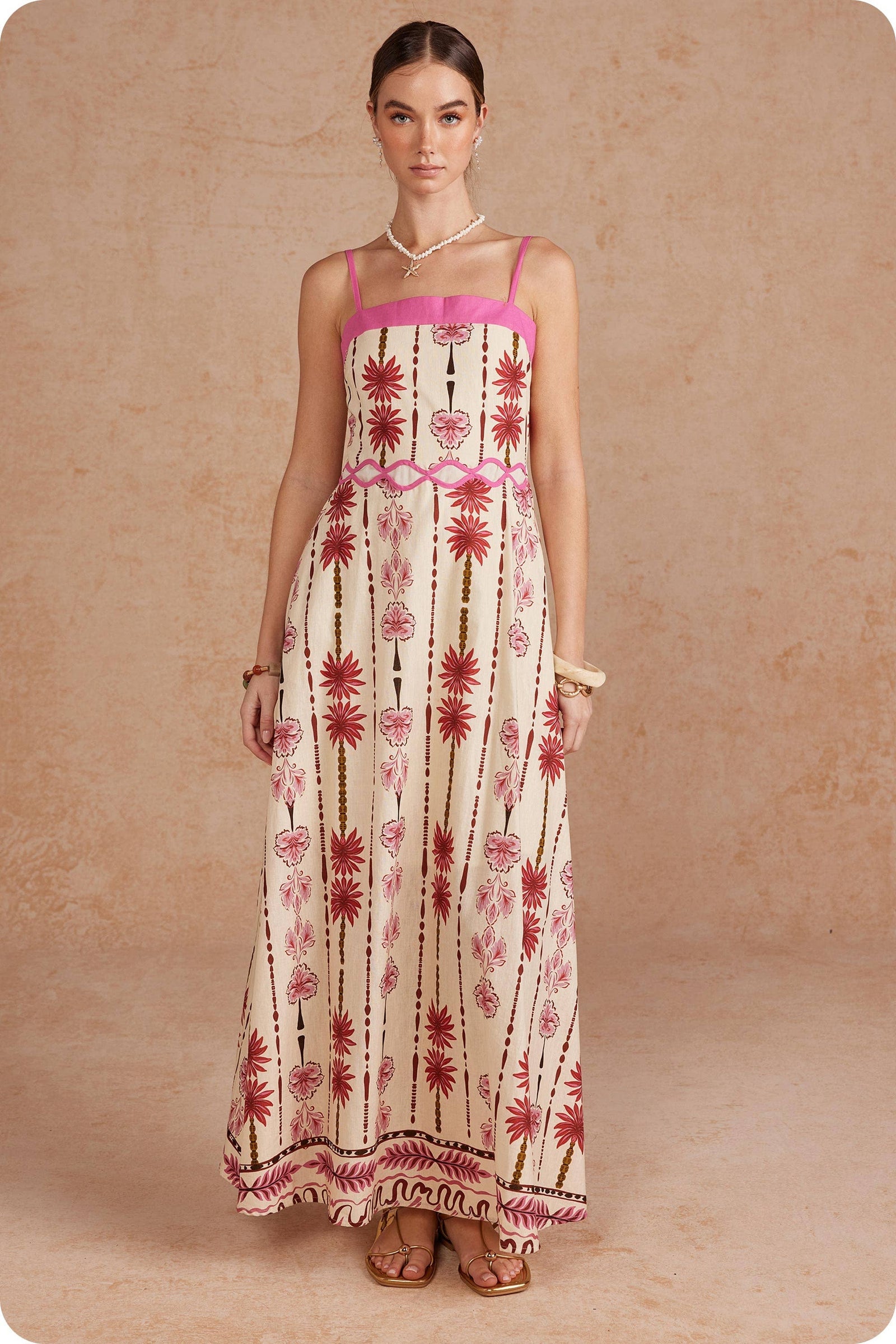 Border Striped Palm Flora Ric Rac Linen Maxi Dress